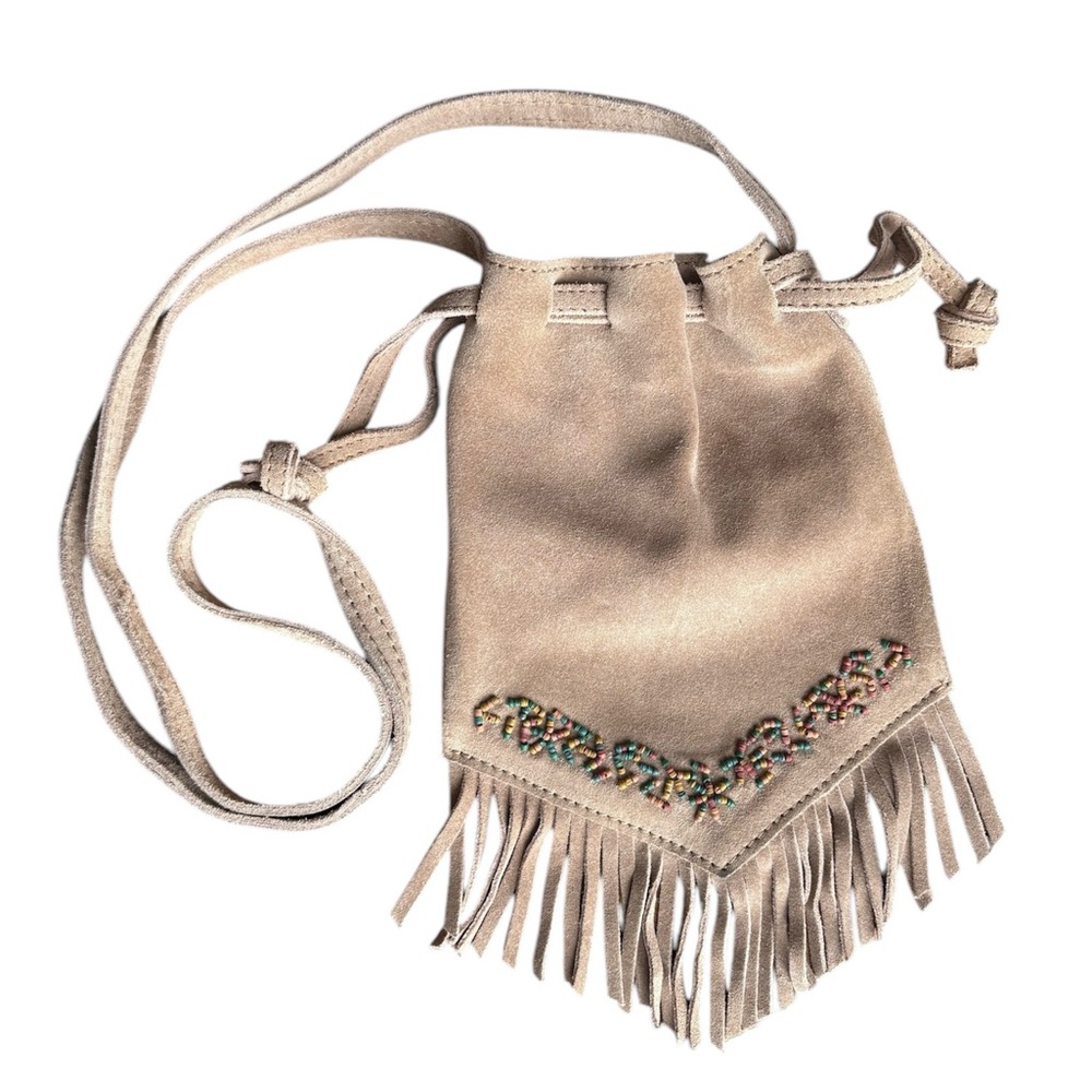 Zara 100% Leather Suede Pouch Purse with Beading Detail